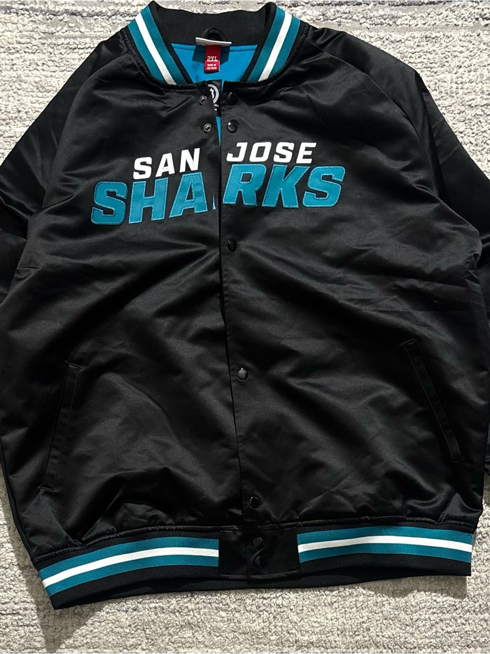 Mitchell & Ness Black and Teal San Jose Sharks Satin Bomber